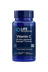 Life Extension Vitamin C 24-Hour Liposomal Hydrogel Formula in blue bottle, 60 vegetarian tablets for enhanced absorption.