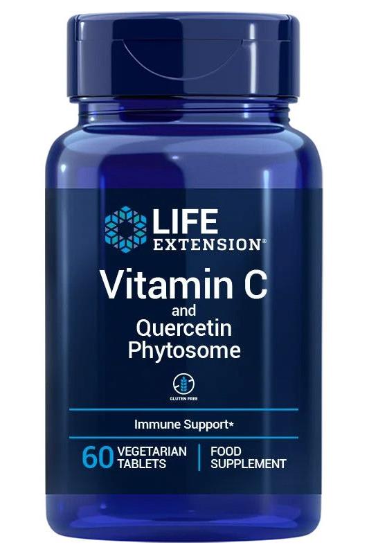 Life Extension Vitamin C and Bio-Quercetin Phytosome supplement bottle, 60 vegetarian tablets for immune support.