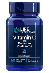 Life Extension Vitamin C and Bio-Quercetin Phytosome supplement bottle, 60 vegetarian tablets for immune support.