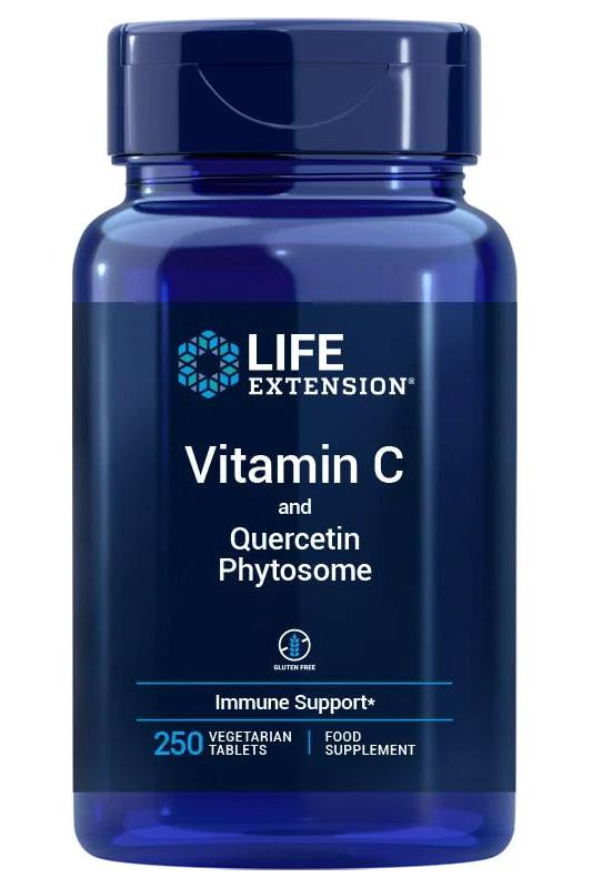 Life Extension Vitamin C and Quercetin Phytosome supplement bottle, 250 vegetarian tablets for immune support.