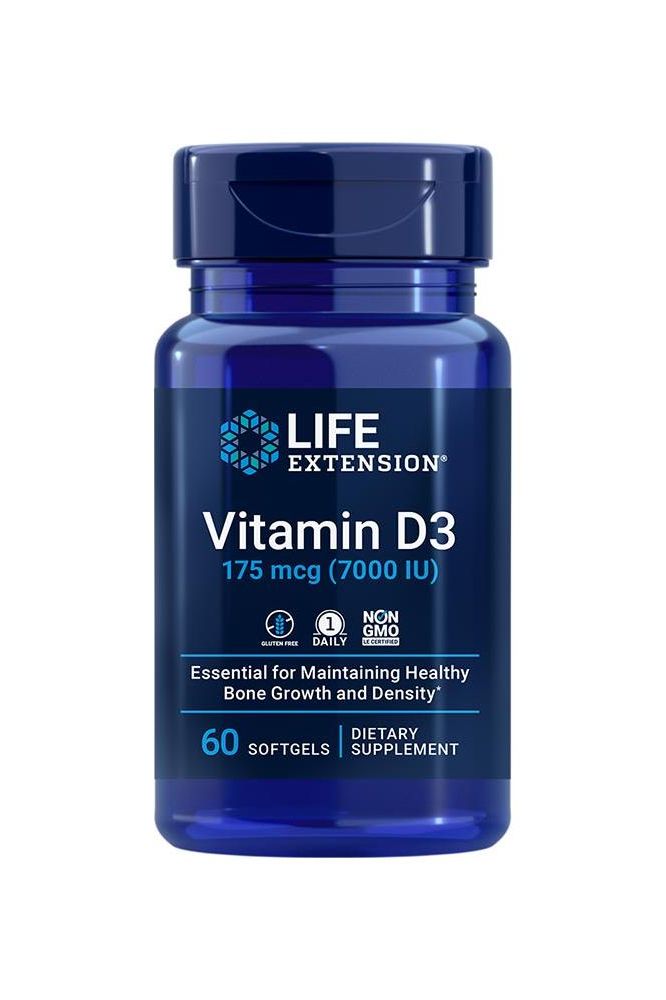 Life Extension Vitamin D3 175 mcg softgels bottle for bone health and immune support, 60 count.