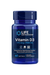 Life Extension Vitamin D3 175 mcg softgels bottle for bone health and immune support, 60 count.