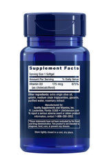 Life Extension Vitamin D3 175 mcg supplement facts label on blue softgel bottle.