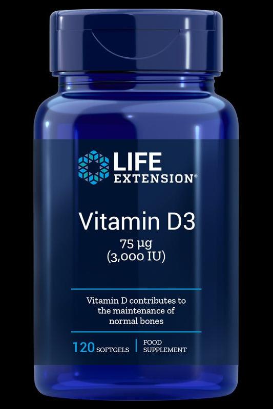 Life Extension Vitamin D3 supplement bottle, 120 softgels for immune and bone health support.