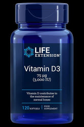 Life Extension Vitamin D3 supplement bottle, 120 softgels for immune and bone health support.