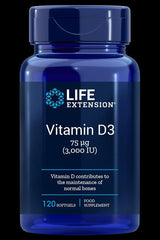 Life Extension Vitamin D3 supplement bottle, 120 softgels for immune and bone health support.