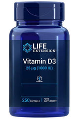 Life Extension Vitamin D3 supplement bottle with 250 softgels for immune and bone health support.