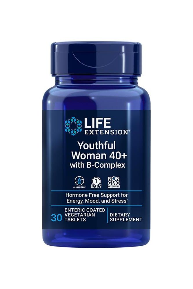 Life Extension Youthful Woman 40+ B-Complex dietary supplement in blue bottle, 30 vegetarian tablets.