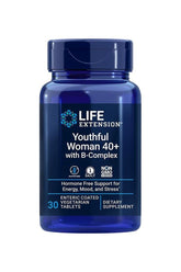 Life Extension Youthful Woman 40+ B-Complex dietary supplement in blue bottle, 30 vegetarian tablets.