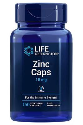 Life Extension Zinc Caps, 15 mg, 150 vegetarian capsules for immune support and antioxidant health.
