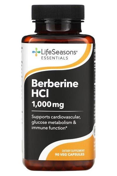 LifeSeasons Berberine HCl 1000 mg supplement bottle, supports metabolism and immune function, 90 vegetarian capsules.