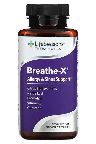 LifeSeasons Breathe-X dietary supplement bottle for allergy and sinus support, 90 vegan capsules.