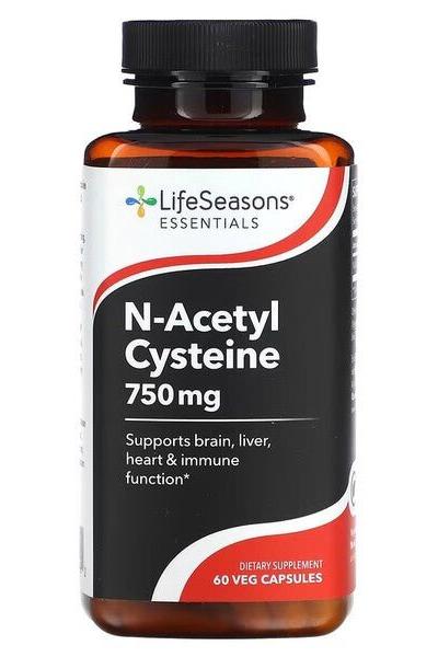 LifeSeasons N-Acetyl Cysteine dietary supplement, 60 veg capsules, supports brain, liver, heart, and immune function.