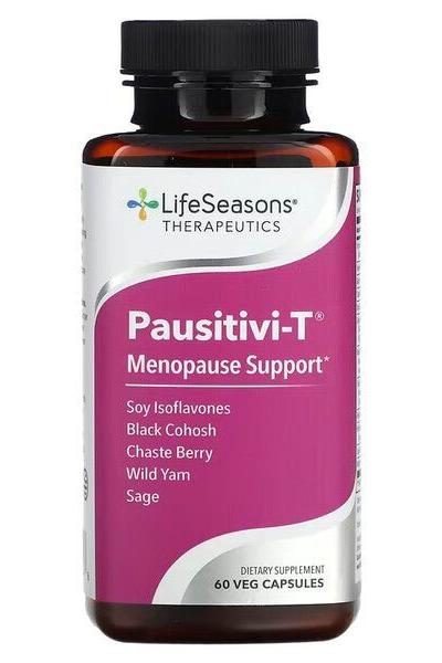 LifeSeasons Pausitivi-T menopause support supplement, 60 vegan capsules for hormonal balance and relief.
