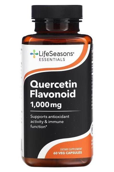 LifeSeasons Quercetin Flavonoid supplement bottle, 60 vegetarian capsules, supports immune function and antioxidant activity.