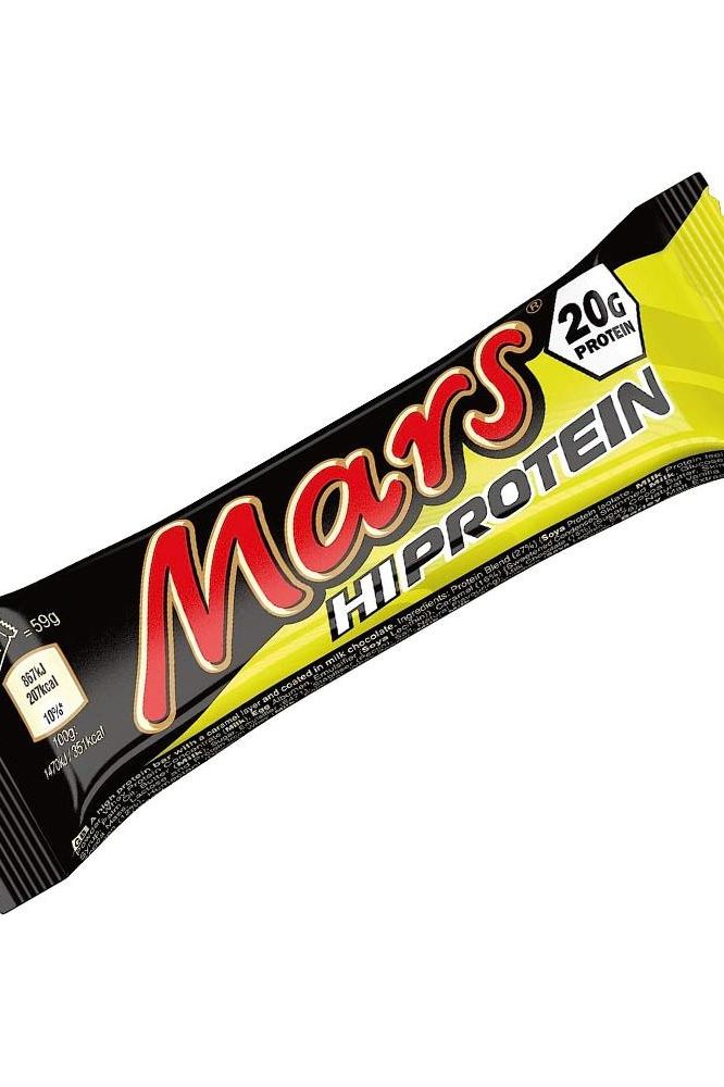 Mars Hi-Protein bar packaging showcasing 20g protein, ideal post-workout snack, low in carbs and sugar.