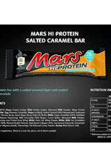 Mars Hi-Protein Salted Caramel bar with 20g protein, low sugar, ideal post-workout snack. Nutritional info on black background.