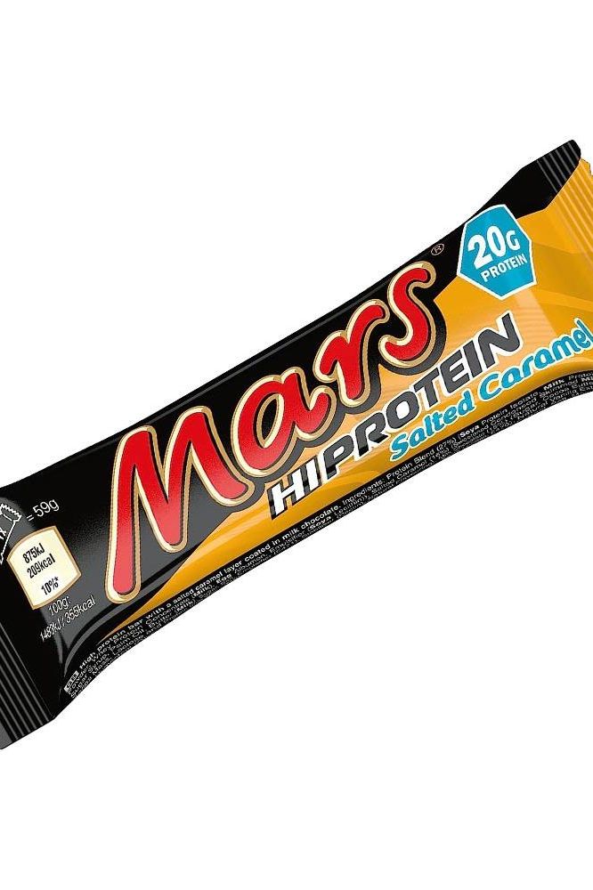 Mars Hi-Protein Salted Caramel bar packaging featuring 20g protein, ideal post-workout snack.