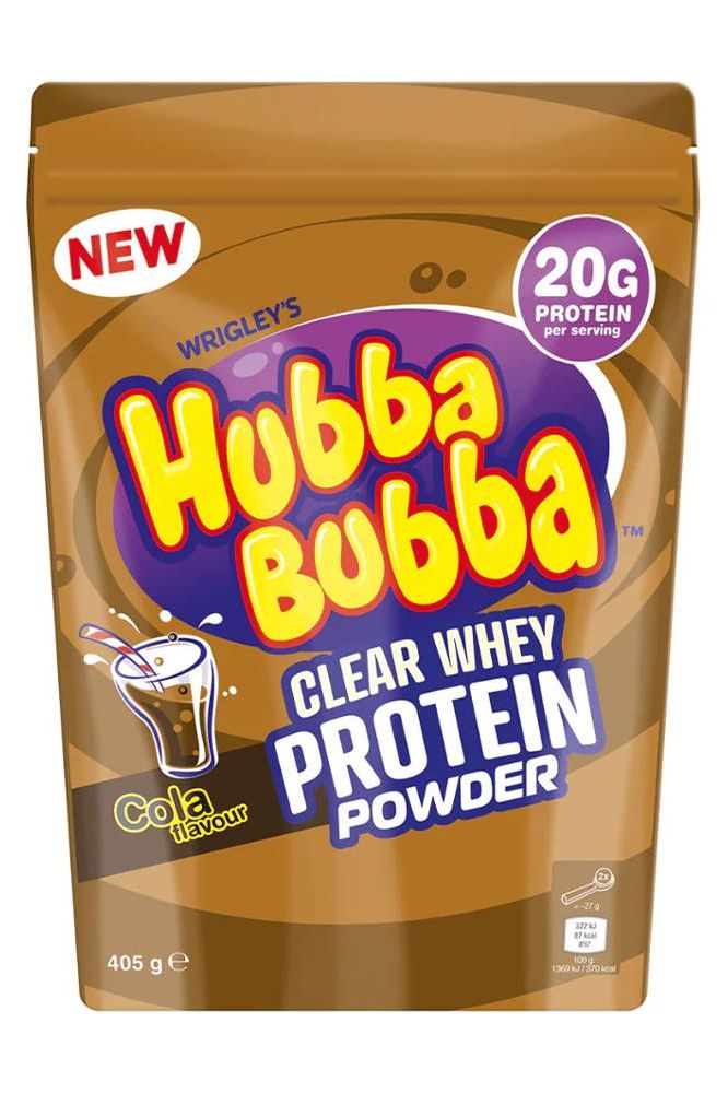 Hubba Bubba Clear Whey Protein Powder in Cola flavor, 405g package with high protein content for fitness enthusiasts.