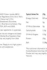 Nutritional information for Hubba Bubba Clear Whey Protein Powder, showing typical values per 27g serving.