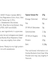 Nutritional information for Hubba Bubba Clear Whey Protein Powder, including calories, fat, carbs, and protein content.