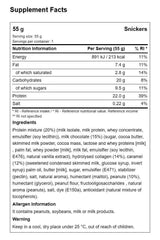 Supplement facts for Snickers high protein bar showing nutritional info, ingredients, and allergens.