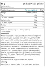 Nutrition information for Snickers Peanut Brownie High Protein Bar, including ingredients and serving details.