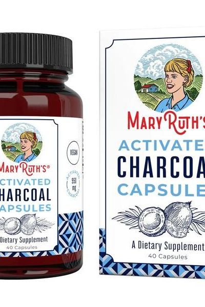 MaryRuth Organics Activated Charcoal capsules in a bottle and box, promoting detox support and vegan health.