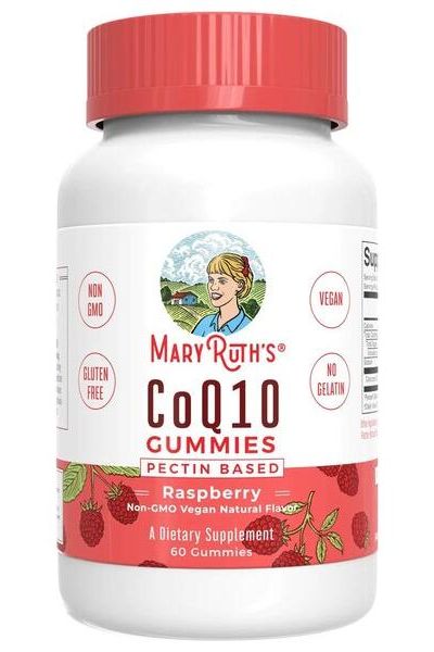 MaryRuth Organics CoQ10 Gummies bottle, raspberry flavor, non-GMO, vegan, gluten-free, dietary supplement, 60 gummies.