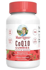 MaryRuth Organics CoQ10 Gummies bottle, raspberry flavor, non-GMO, vegan, gluten-free, dietary supplement, 60 gummies.