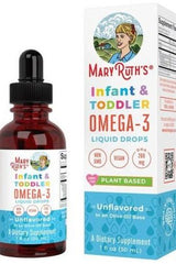 MaryRuth Organics Infant & Toddler Omega-3 liquid drops in a bottle and box, vegan dietary supplement for healthy development.