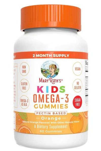 MaryRuth Organics Kids Omega-3 Gummies, vegan, pectin-based, orange flavor, dietary supplement, 60 gummies, non-GMO.