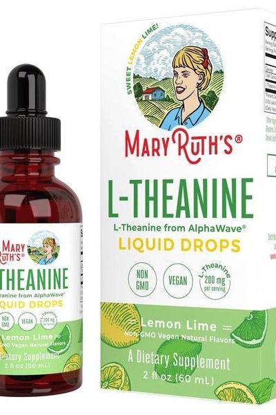 MaryRuth Organics L-Theanine Liquid Drops in lemon-lime flavor, promoting relaxation and cognitive support.