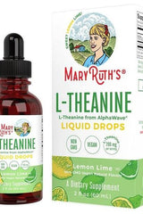 MaryRuth Organics L-Theanine Liquid Drops in lemon-lime flavor, promoting relaxation and cognitive support.