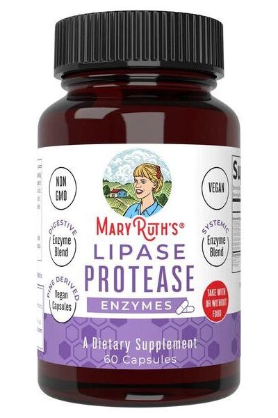 MaryRuth Organics Lipase Protease enzymes supplement bottle with 60 vegan capsules, promoting digestive health.