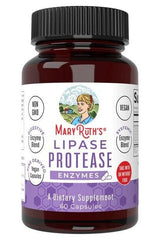 MaryRuth Organics Lipase Protease enzymes supplement bottle with 60 vegan capsules, promoting digestive health.