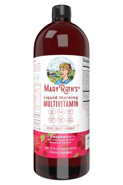 MaryRuth Organics Liquid Morning Multivitamin, raspberry flavored, nutrient-rich dietary supplement for energy and immunity.