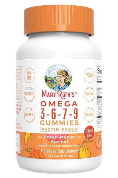 MaryRuth Organics Omega 3-6-7-9 gummies bottle with peach-mango-apricot flavor, vegan and non-GMO.