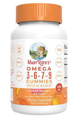 MaryRuth Organics Omega 3-6-7-9 gummies bottle with peach-mango-apricot flavor, vegan and non-GMO.