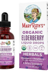 MaryRuth Organics Organic Elderberry Liquid Drops with blueberry and raspberry flavors, dietary supplement for immune support.