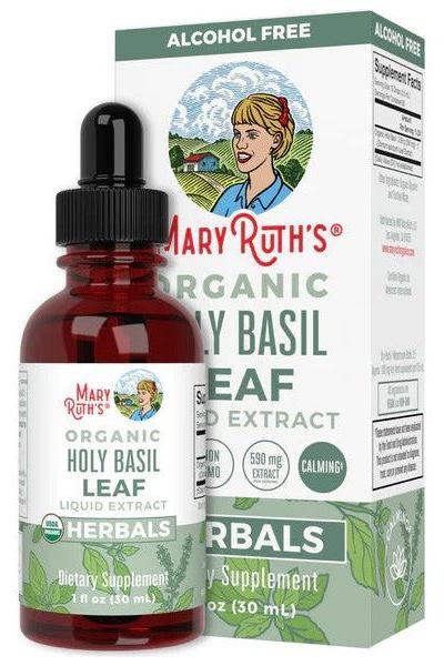 MaryRuth Organics Holy Basil Leaf Liquid Drops bottle and packaging, alcohol-free dietary supplement for calming support.