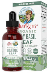 MaryRuth Organics Holy Basil Leaf Liquid Drops bottle and packaging, alcohol-free dietary supplement for calming support.