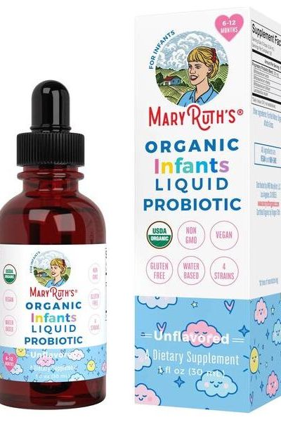 MaryRuth Organics Organic Infants Liquid Probiotic bottle with packaging, USDA certified, unflavored dietary supplement for infants.