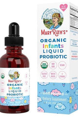 MaryRuth Organics Organic Infants Liquid Probiotic bottle with packaging, USDA certified, unflavored dietary supplement for infants.