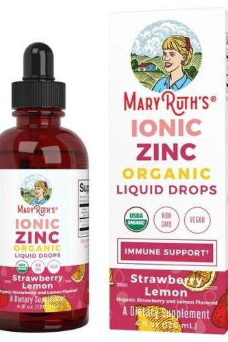 MaryRuth Organics Ionic Zinc Liquid Drops in strawberry lemon flavor, USDA organic dietary supplement for immune support.