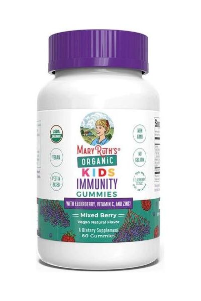 MaryRuth Organics Kids Immunity Gummies bottle with elderberry, vitamin C, and zinc for children's immune support.