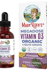 MaryRuth Organics Megadose Vitamin D3 organic liquid drops in pineapple flavor, vegan dietary supplement.