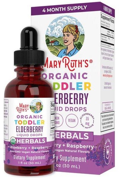 MaryRuth Organics Organic Toddler Elderberry Liquid Drops for immune support, 30 ml with blueberry and raspberry flavors.