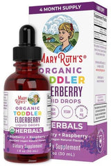 MaryRuth Organics Organic Toddler Elderberry Liquid Drops for immune support, 30 ml with blueberry and raspberry flavors.
