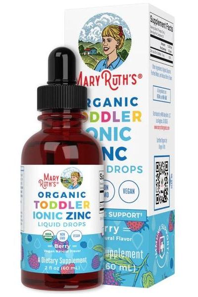 MaryRuth Organics Organic Toddler Ionic Zinc Liquid Drops berry flavor in a bottle with packaging for immune support.